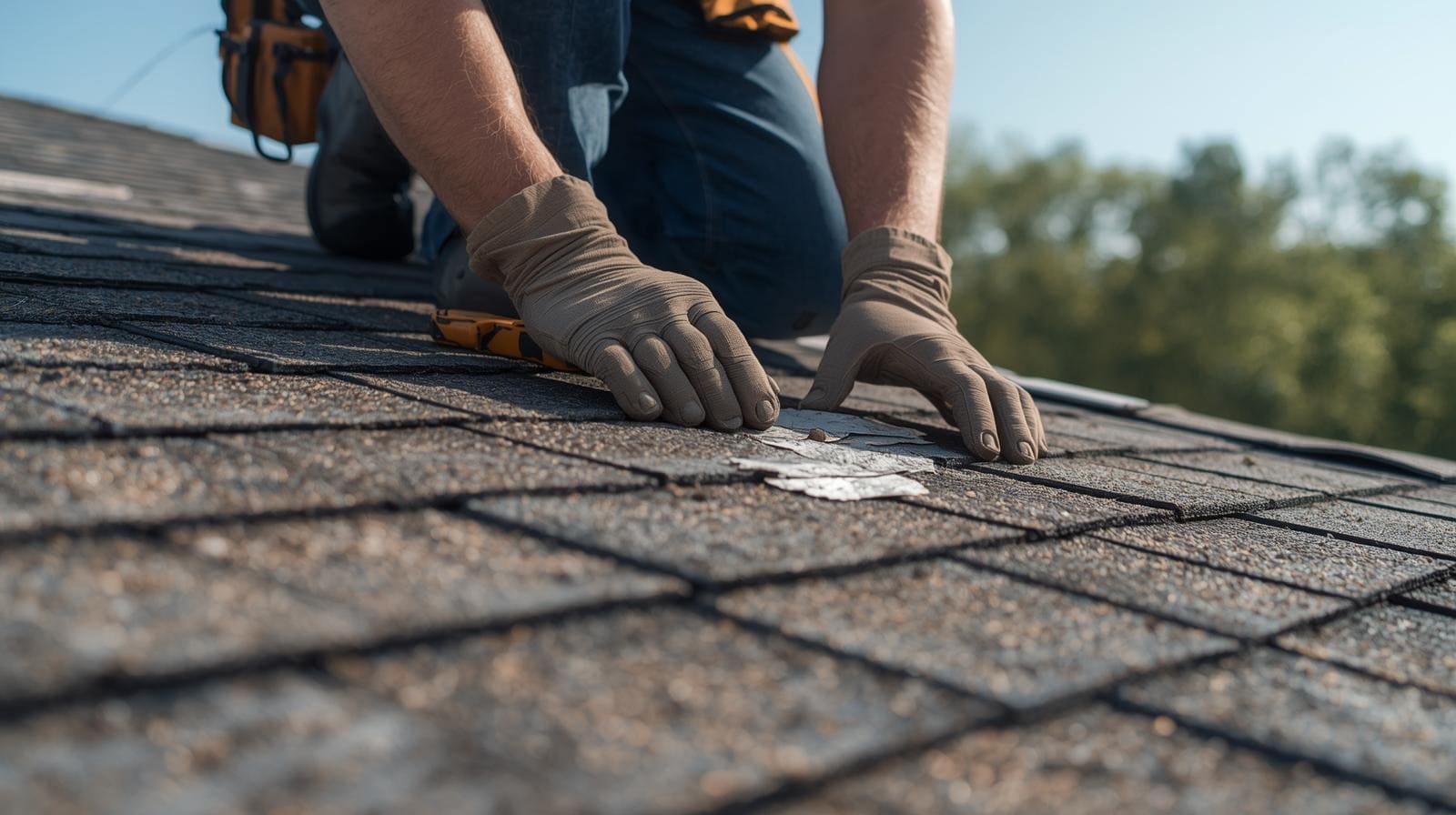 Roofer completing a roof repair on a residential home