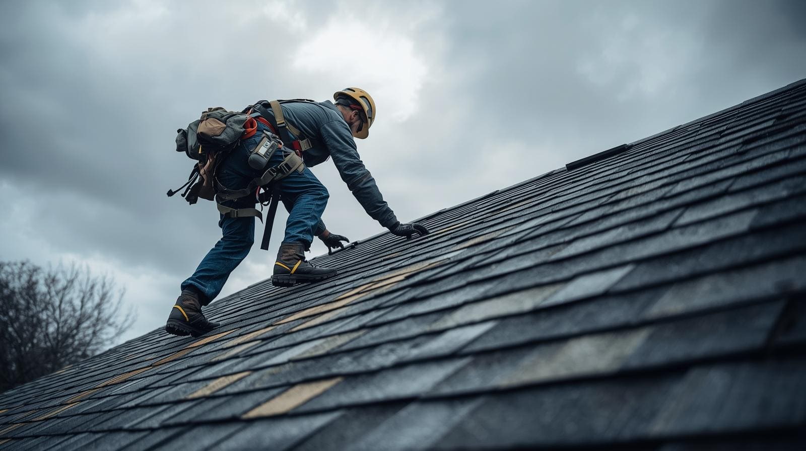 Roofer on top of roof preparing for roof repair