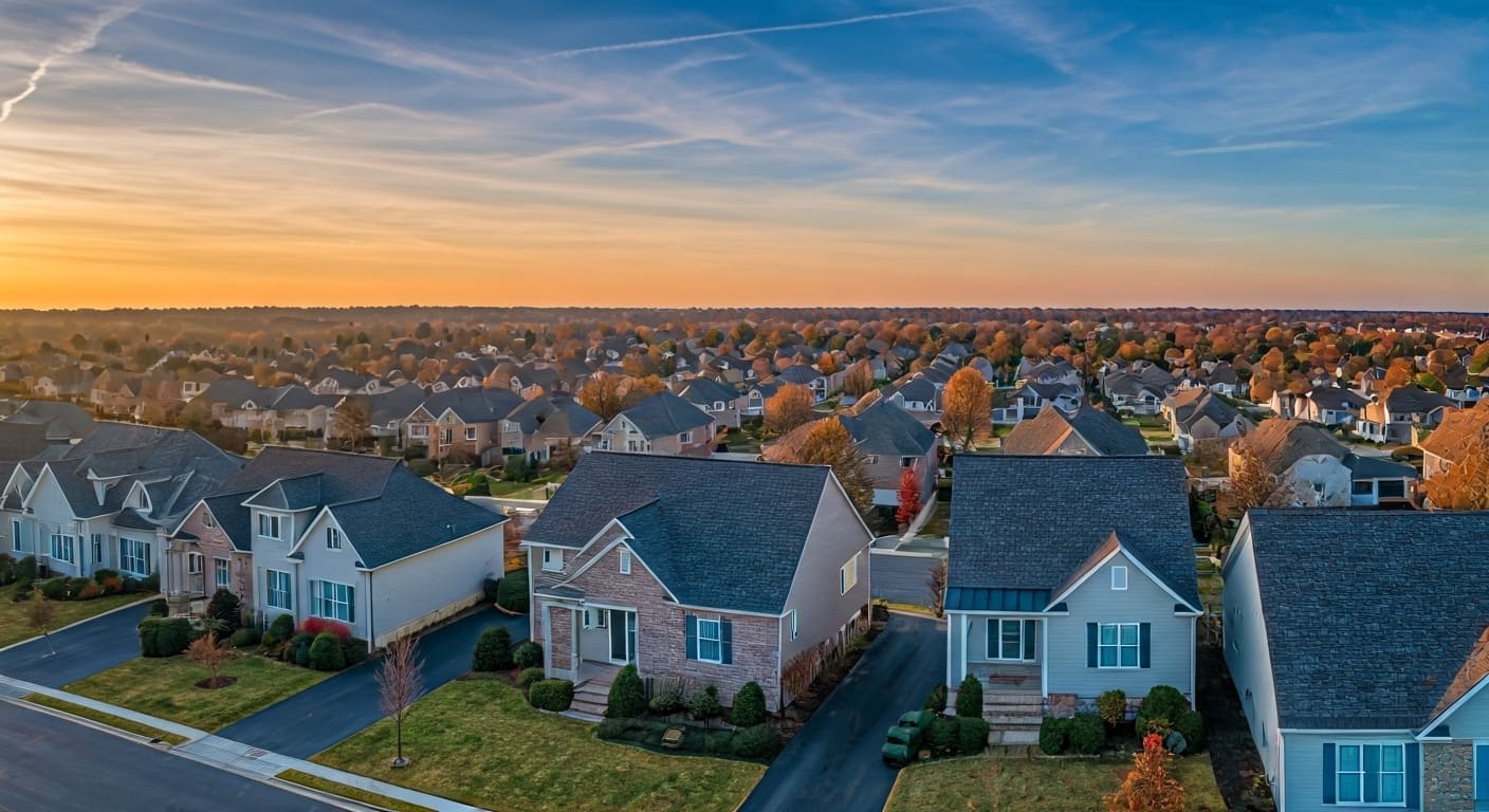 Arial view of westerchester ohio homes in neighborhood at sunset