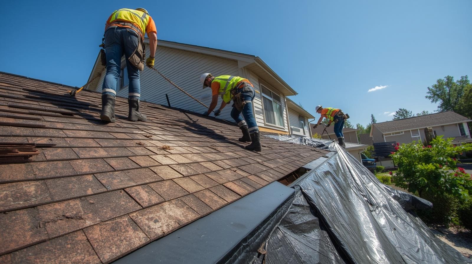 Roofers on roof doing roof replacement