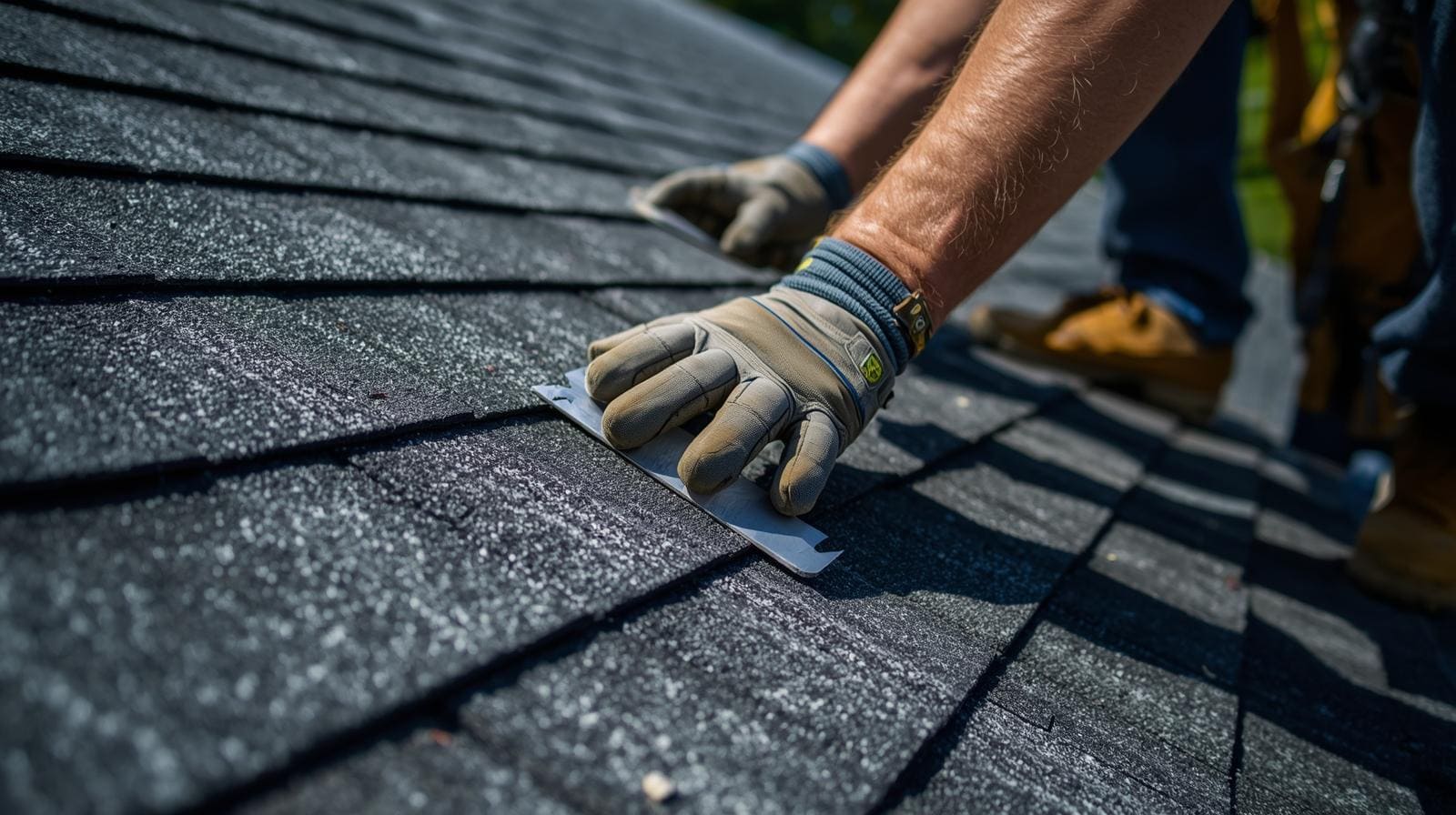 Close up of roofer's hands on roof during roof replacement